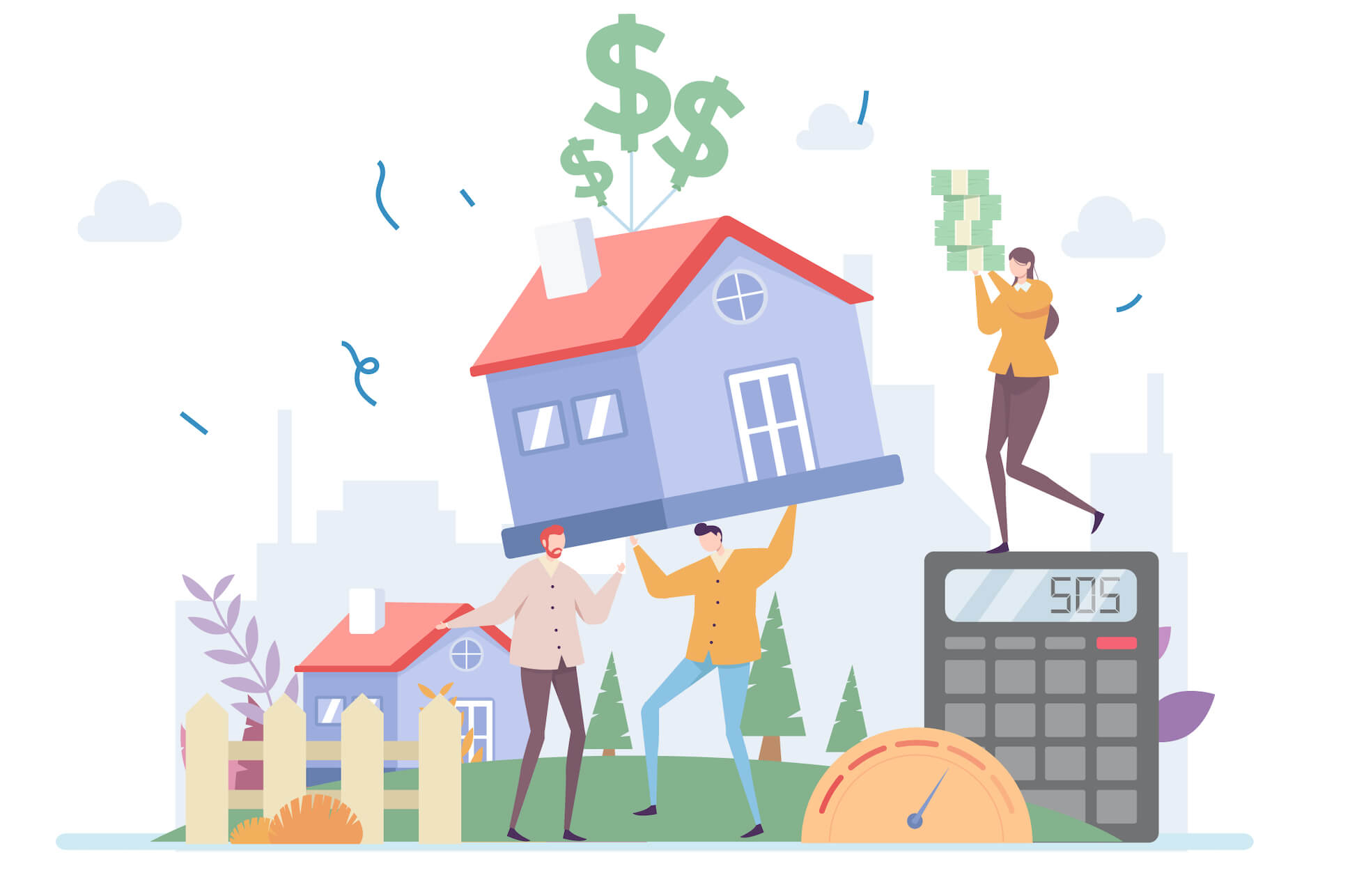 Illustration of property investment success with people, house, and financial symbols.